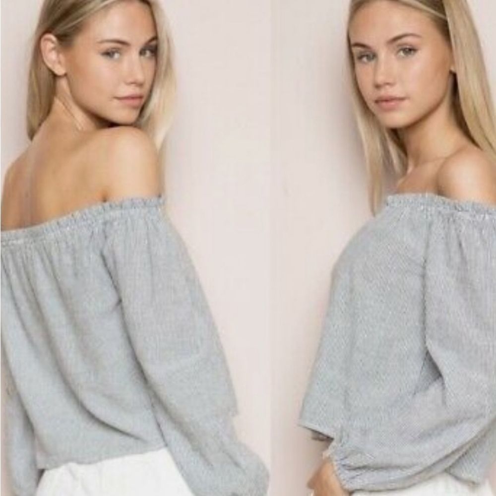 BRANDY MELVILLE THEIA Boxy Crop Peasant Top Pinstripe elastic charcoal white - Picture 3 of 14